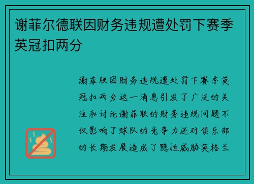 谢菲尔德联因财务违规遭处罚下赛季英冠扣两分 谢菲尔德联因财务违规遭处罚下赛季英冠扣两分