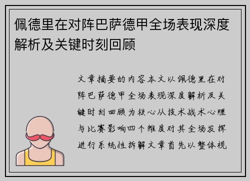佩德里在对阵巴萨德甲全场表现深度解析及关键时刻回顾
